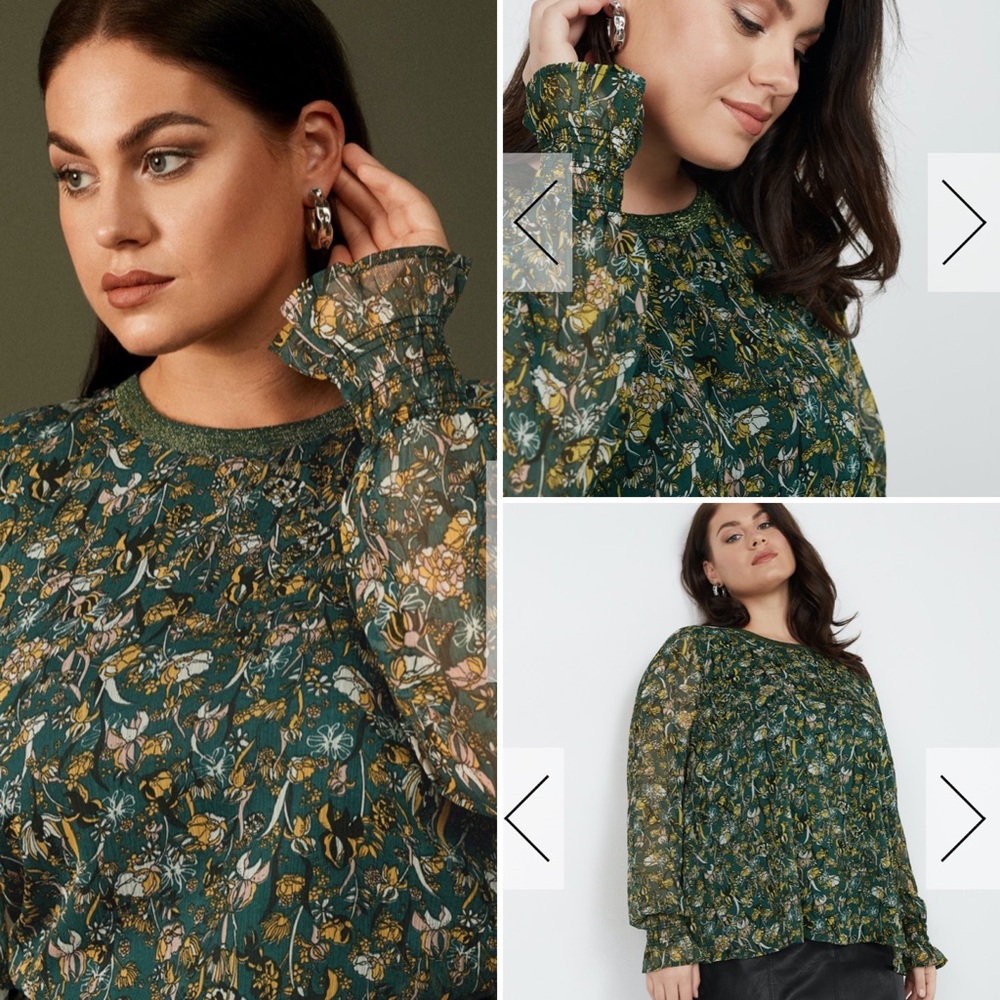 Zhenzi -Floral Chiffon Top, Dark Green, Size 14-16